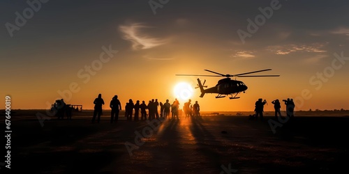 Military operation mission on silhouette sunset in field. Soldiers army forces with helicopter in battlefield. Epic war patriotic concept. Releasing hostages by warrior commando navy. Generative AI