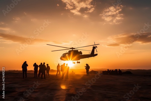 Military operation mission on silhouette sunset in field. Soldiers army forces with helicopter in battlefield. Epic war patriotic concept. Releasing hostages by warrior commando navy. Generative AI