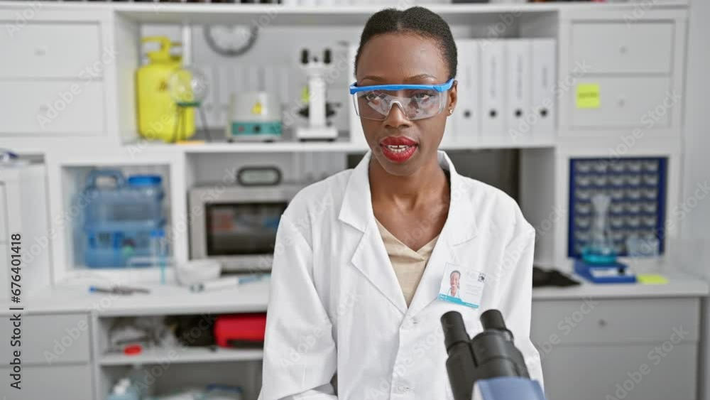 African american woman scientist, a beautiful professional in her domain, speaking about her intriguing microscope work and zooming in on science discoveries in the lab. African american woman scientist, a beautiful professional in her domain, speaking about her intriguing microscope work and zooming in on science discoveries in the lab.