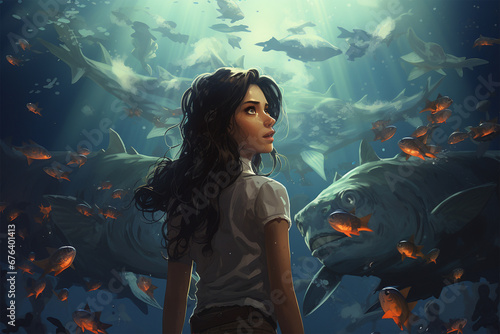 A woman and a school of fish