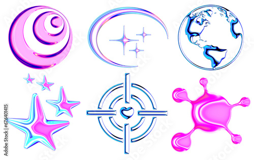 Abstract y2k colored elements. Futuristic neon bright colorful objects, Holographic retro stars. Set of 3D objects for posters, business cards, clothes