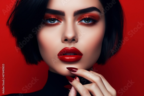 Portrait of beautiful sensual young woman  with dark red makeup and red lips, red nails on red background. Sexy lady with red lips, studio fashion shot. Beautiful Woman .bright shiny Luxury Makeup