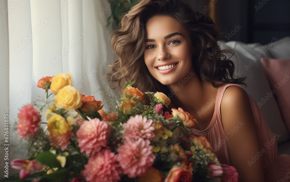 Happy smiling brunette with a bouquet of flowers. Anniversary,8 march,mothers day,valentines. Flowers delivery concept