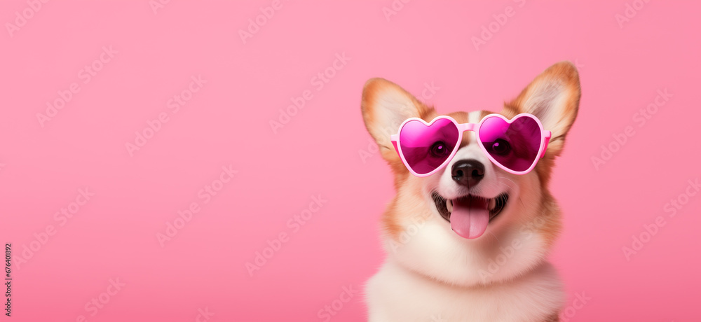 Happy smiling corgie in pink heart singlasses on pink background. Valentines day card with copy space