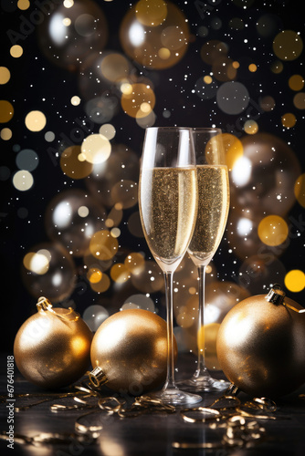 Champagne Glass Adorned with Christmas Baubles, Starry Holiday Background, Glitter, and Twinkling Lights. Golden Christmas Celebration with Sparkling Balloons, Glitter, and Confetti. Happy New Year.