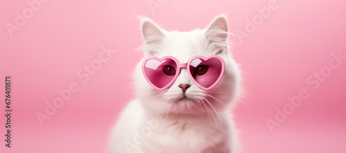White cat in pink heart shaped glasses on pink background with place for text.Valentines day,anniversary, 8 march photo