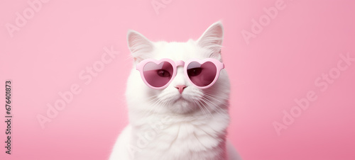 White cat in pink heart shaped glasses on pink background with place for text.Valentines day,anniversary, 8 march