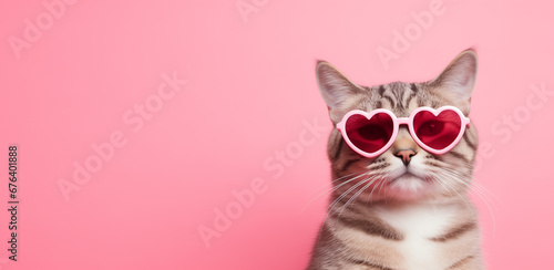 Creative Valentines day card with cute tabby cat in pink heart shaped glasses on pink background with place for text