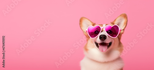 Happy smiling corgie in pink heart singlasses on pink background. Valentines day card with copy space