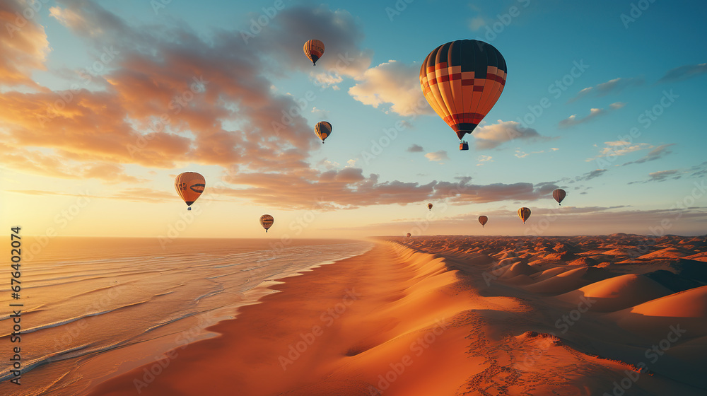 Colorful hot air balloons flying over mountain in Asia Colorful hot air balloons flying over mountain in Asia