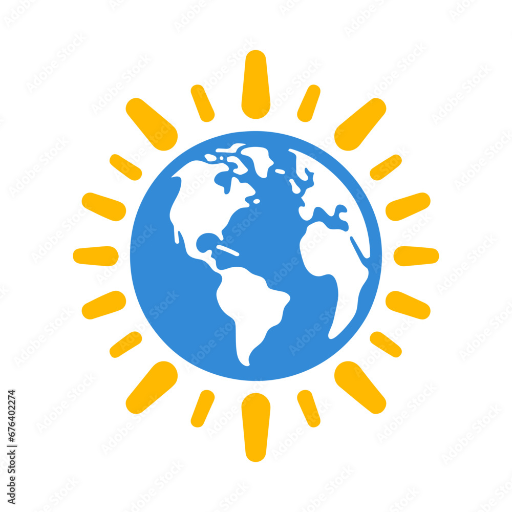Blue globe with yellow sun rays on a white background. Global warming or climate change concept. Vector illustration