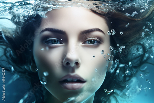 Fashion portrait of beautiful young woman with long curly hair underwater. Beautiful woman face under water. Close-up portrait of a beautiful young woman in water drops. Beauty, fashion. AI generated