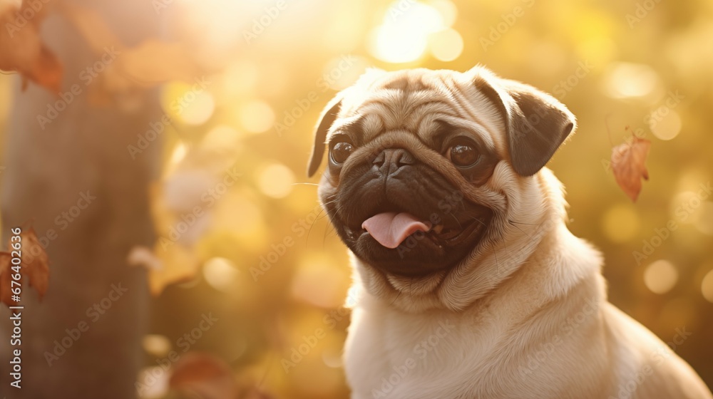 Pug, Happy dog on the soft light field