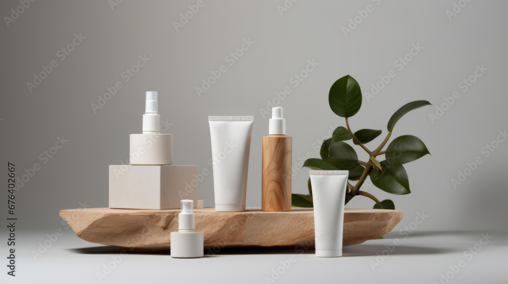 Cosmetic sample white bottle set on woodem podium mock up Cosmetic sample white bottle set on woodem podium mock up