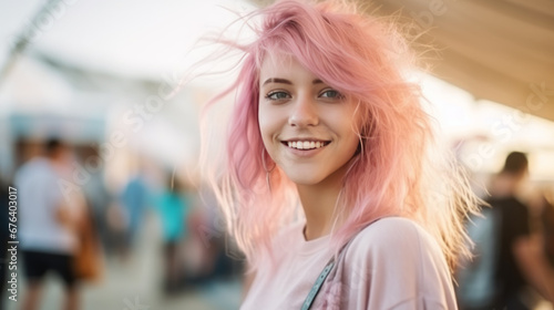 girl with pink hair having fun at the music festival