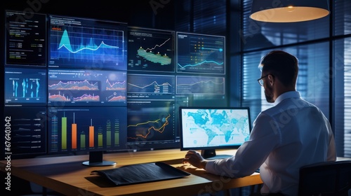 analyst uses computer and dashboard for data business analysis and Data Management System with KPI and metrics connected to the database for technology finance, operations, sales, marketing.