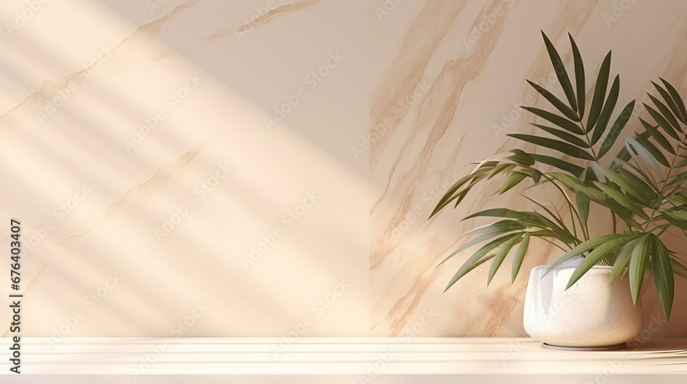 Minimalistic light background with a ceramic vase with the plant and blurred foliage shadow on a light wall Minimalistic light background with a ceramic vase with the plant and blurred foliage shadow on a light wall