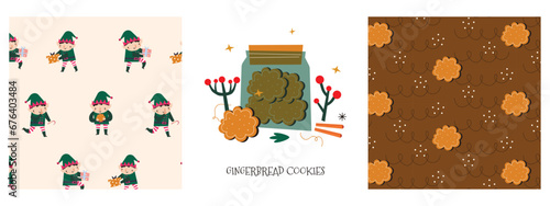 A set of prints featuring cute gingerbread cookies in a jar and patterns with gnomes, gifts and shortbread cookies. New Year and Christmas attributes vector flat illustrations. Traditional winter holi