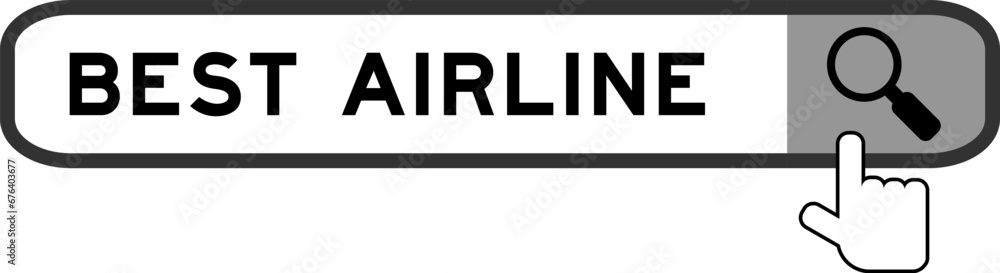 Search banner in word best airline with hand over magnifier icon on white background Search banner in word best airline with hand over magnifier icon on white background