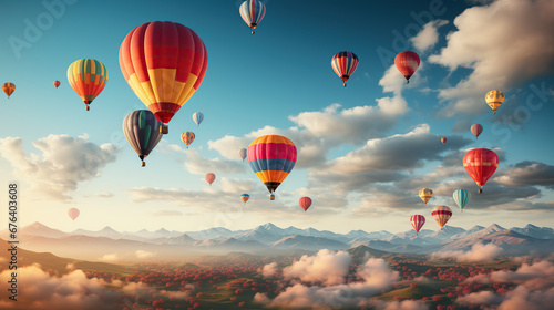 Colorful hot air balloons flying over mountain in Asia