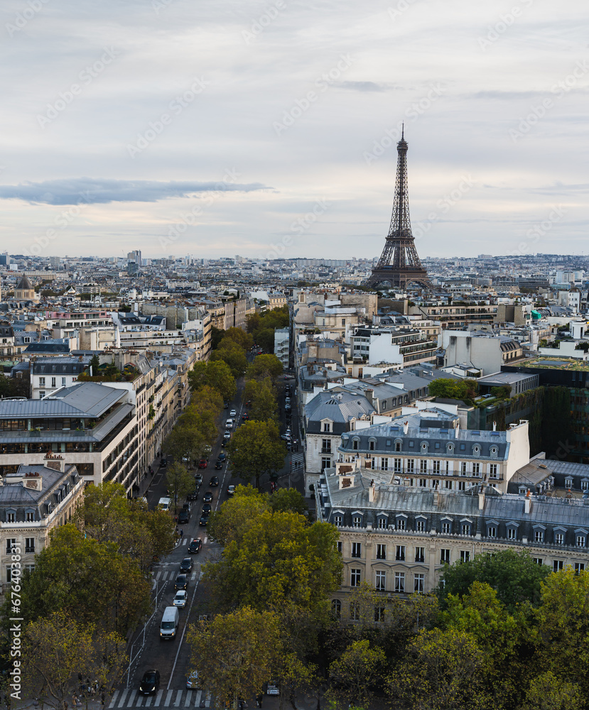View of Paris from the top of the Arc De Triomphe, with the Eiffel tower