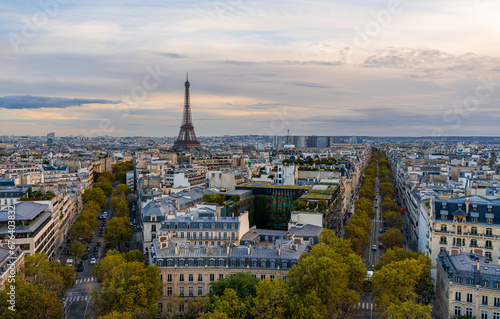 View of Paris from the top of the Arc De Triomphe  with the Eiffel tower
