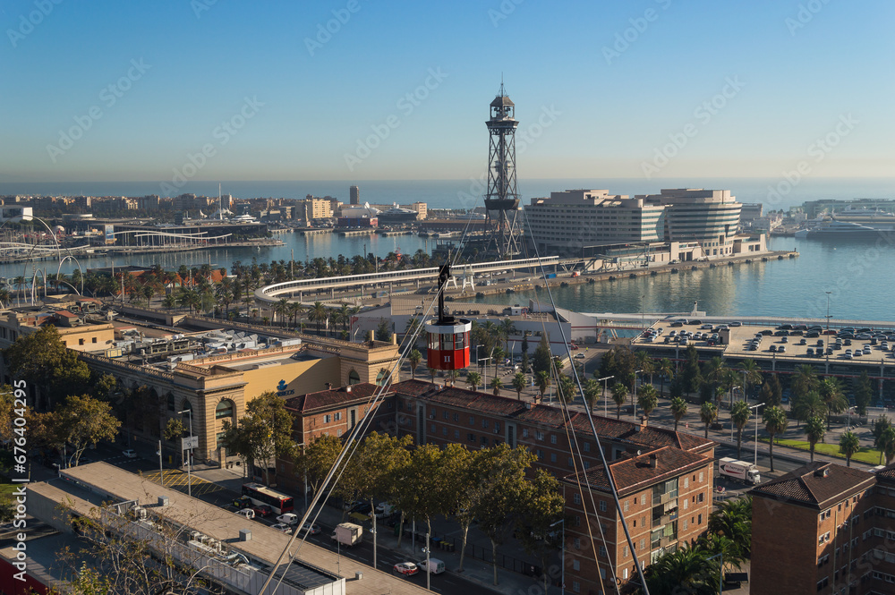 A cable car makes its way across Barcelona in Spain