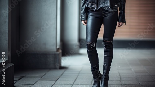  a woman in black leather pants and a jacket standing on a sidewalk.  generative ai photo