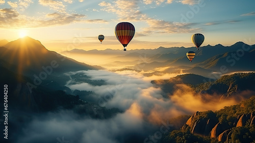 Colorful hot air balloons flying over mountain in Asia © Morng