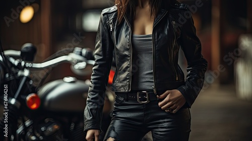  a woman standing next to a motorcycle wearing a leather jacket. generative ai