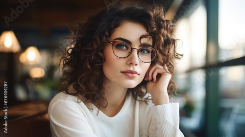 a woman wearing glasses sitting at a table in a restaurant. generative ai