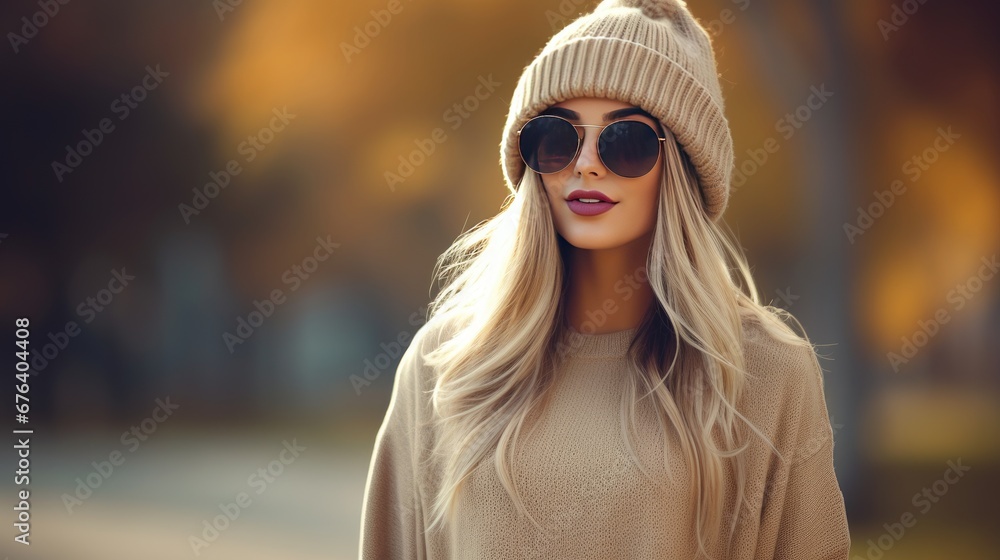 a woman wearing sunglasses and a hat is standing in the street. generative ai a woman wearing sunglasses and a hat is standing in the street. generative ai