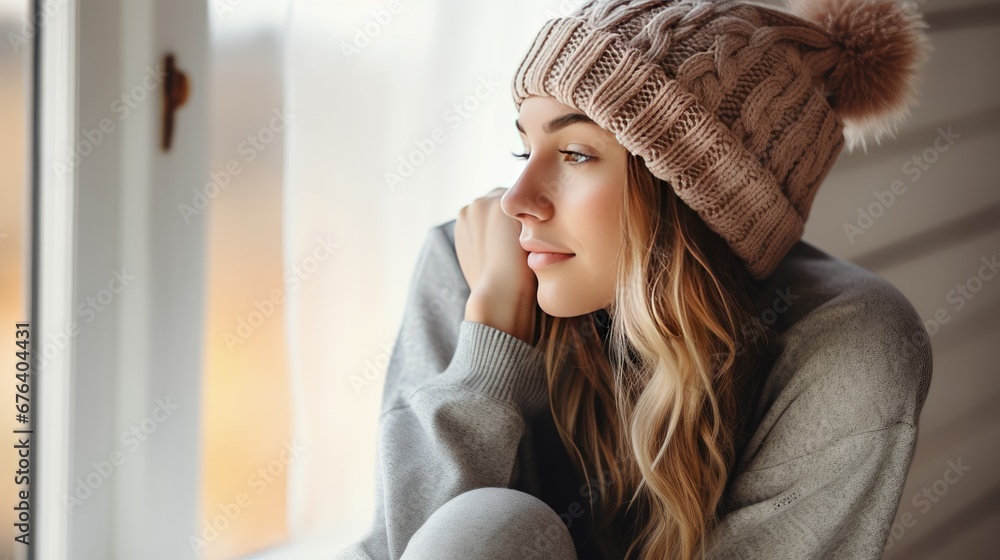 a woman sitting by a window wearing a hat with a pom - pom. generative ai a woman sitting by a window wearing a hat with a pom - pom. generative ai