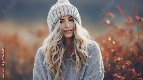  a woman with long blonde hair wearing a gray sweater and a knitted hat. generative ai