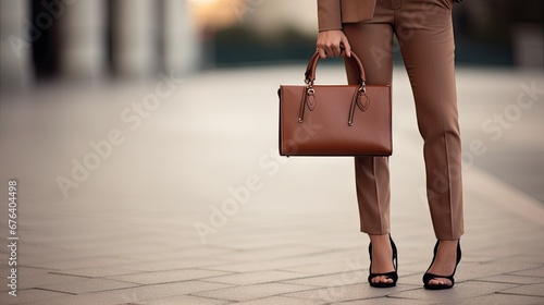  a woman holding a brown purse and a brown purse on a sidewalk.  generative ai photo