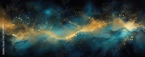 Watercolor night sky. Pattern with gold foil constellations  stars and clouds on dark blue background. Space  astronomical concept. Design for textile  fabric  paper  print. banner
