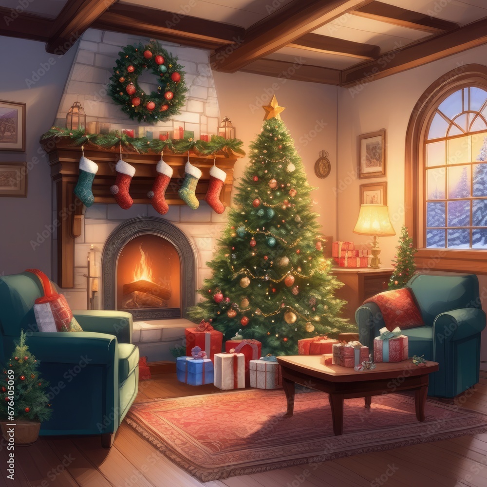 Cozy fireplace on the background of a festively decorated Christmas tree
