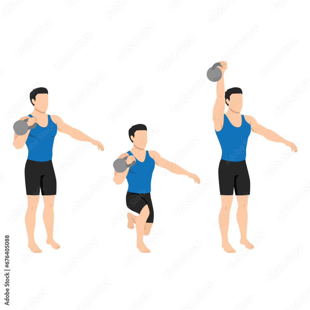 Man doing kettlebell offset reverse lunge and press exercise. Flat vector illustration isolated on white background Man doing kettlebell offset reverse lunge and press exercise. Flat vector illustration isolated on white background