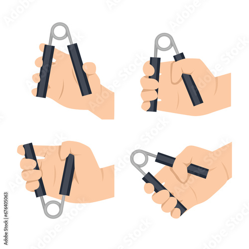 Man doing hand grip exercise set. Flat vector illustration isolated on white background
