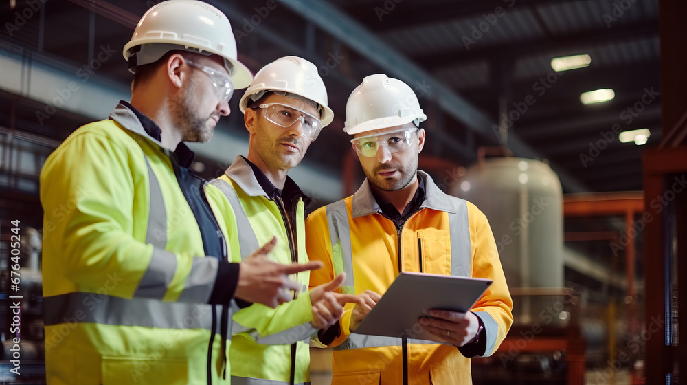 Three Heavy Industry Engineers Stand in Pipe Manufacturing Factory, Use Digital Tablet Computer, Have Discussion. Large Pipe Assembled. Design and Construction of Oil, Gas and Fuels Transport Pipeline Three Heavy Industry Engineers Stand in Pipe Manufacturing Factory, Use Digital Tablet Computer, Have Discussion. Large Pipe Assembled. Design and Construction of Oil, Gas and Fuels Transport Pipeline