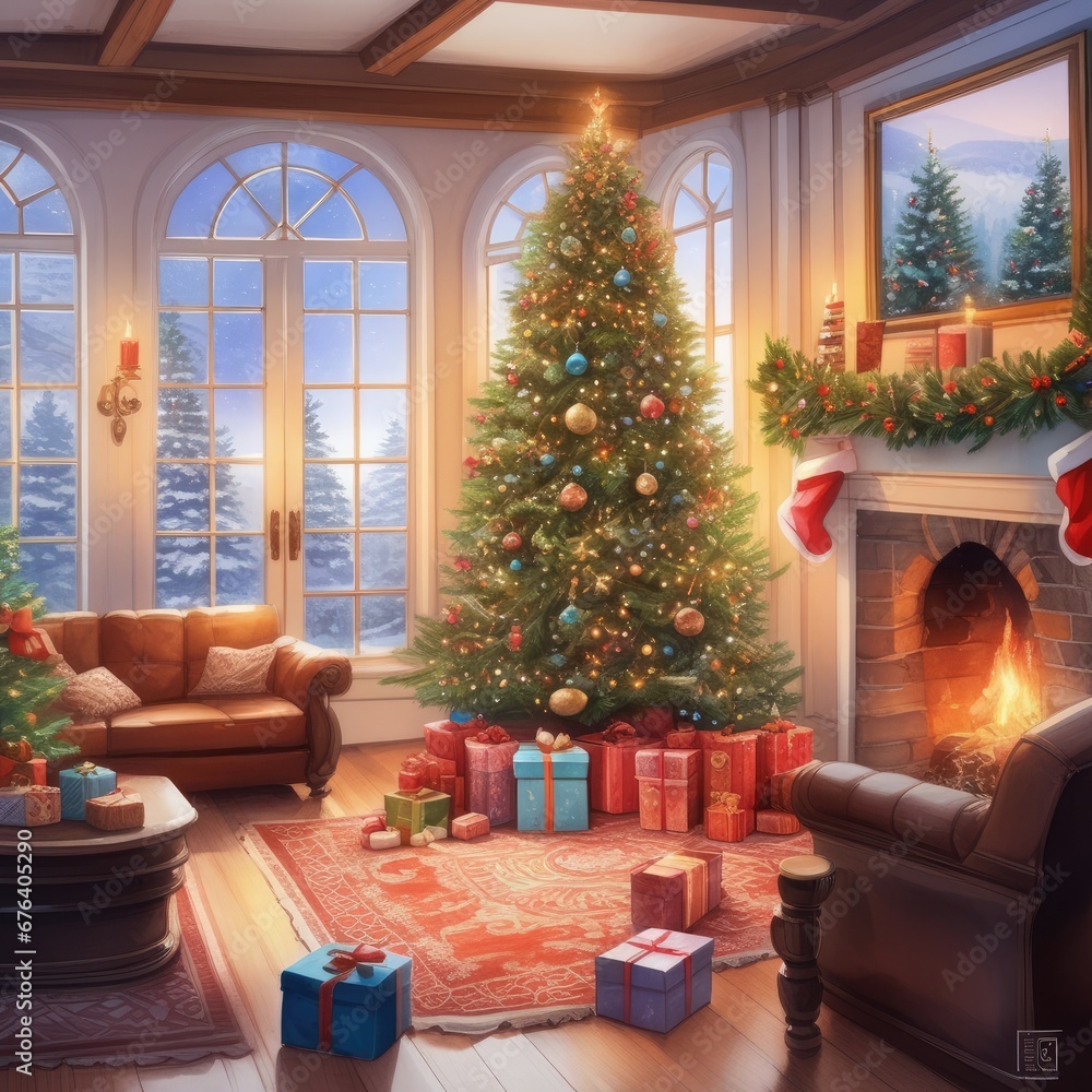 Cozy room with panoramic windows, fireplace and decorated Christmas tree Cozy room with panoramic windows, fireplace and decorated Christmas tree