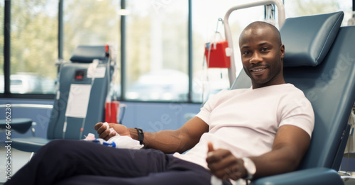Black Man Donating Blood For People In Need In Bright Hospital. African Male Donor Squeezing fist To Pump Blood Through The Tubing Into The Bag. Donation for Children Battling Cancer. photo