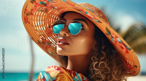  a mannequin wearing a hat and sunglasses on the beach. generative ai