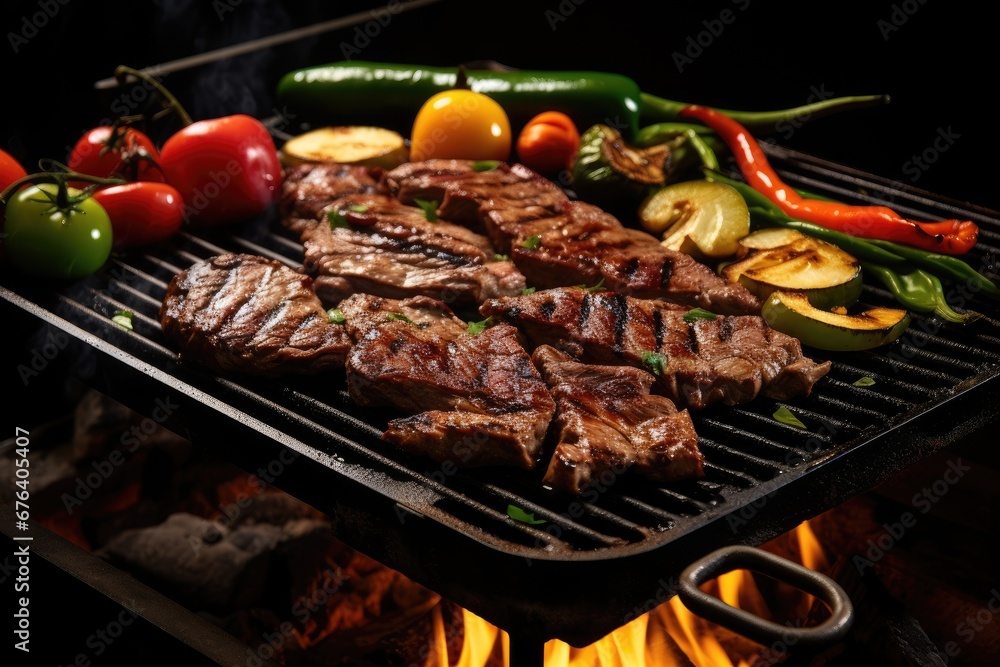  a grill with steak, peppers, and tomatoes on it.  generative ai
