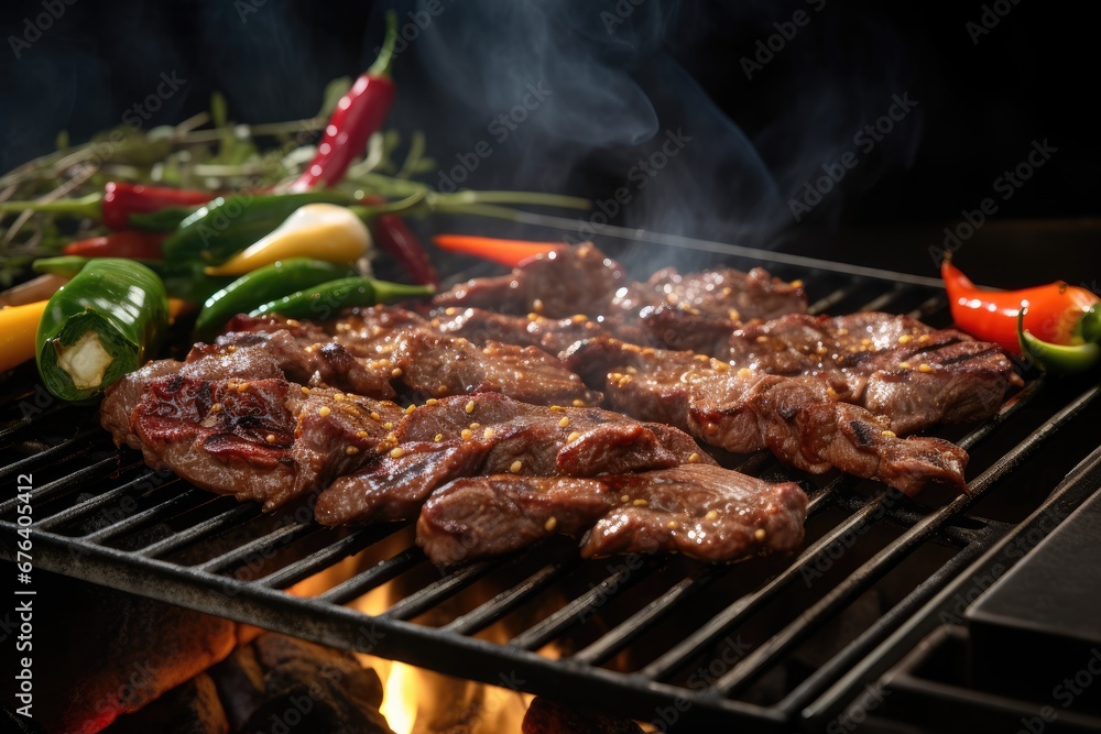  steaks and peppers cooking on a grill with smoke coming out of it.  generative ai