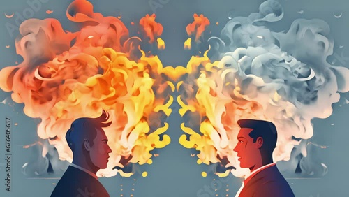 Two characters engaging in a heated debate inside a characters mind, symbolizing an internal conflict. 2d animation photo