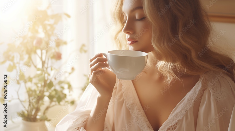 Woman Enjoying a Cup of Tea, Relaxed and Cozy in a Romantic Soft-Lit Atmosphere, Creating a Tranquil and Inviting Scene Woman Enjoying a Cup of Tea, Relaxed and Cozy in a Romantic Soft-Lit Atmosphere, Creating a Tranquil and Inviting Scene