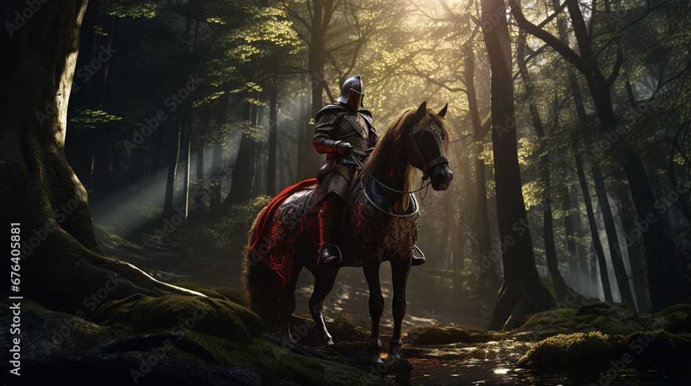 Naklejka premium A knight in armor on a horse in a forest