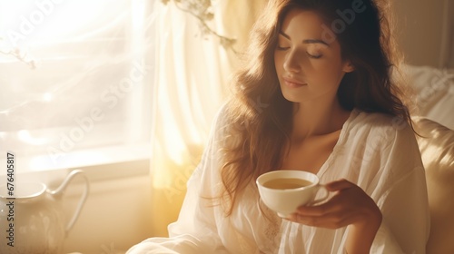 Woman Enjoying a Cup of Tea, Relaxed and Cozy in a Romantic Soft-Lit Atmosphere, Creating a Tranquil and Inviting Scene