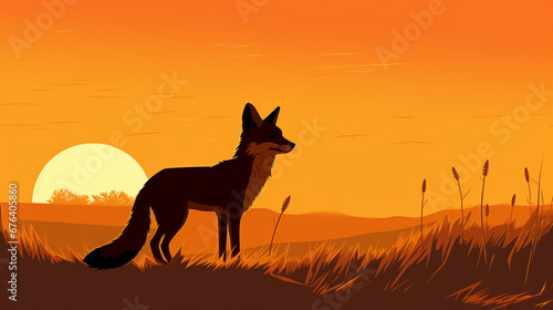 The silhouette of a fox on a plain at sunset, created in 2d software